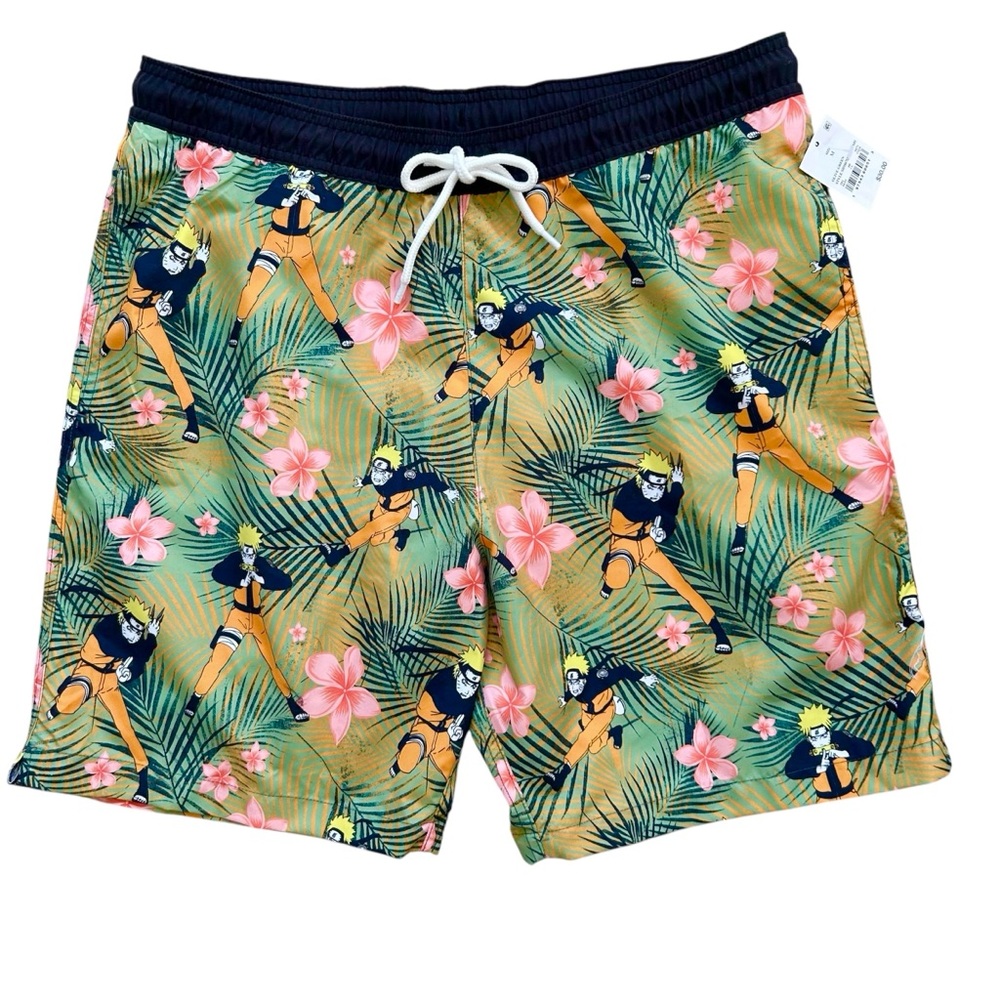 NWT Naruto Anime Ninja Shippuden Tropical Print Drawstring Swim Trunks Size M